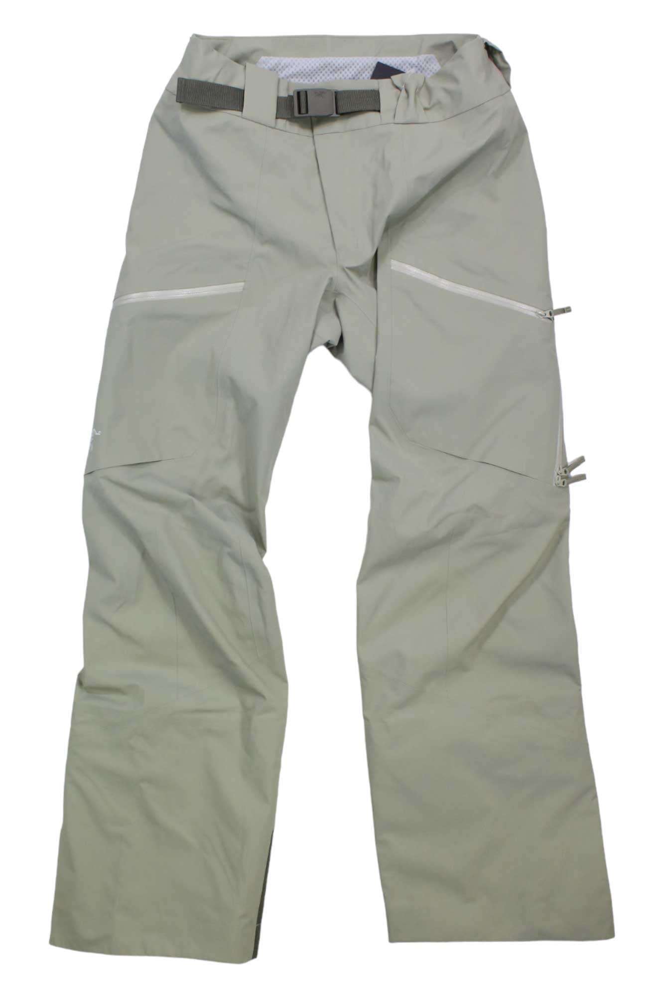 The Arc'teryx Women's Sentinel Pant in light gray features a built-in belt, front thigh zip pockets, and articulated knees. Shown laid flat on white. Ships to US addresses only.