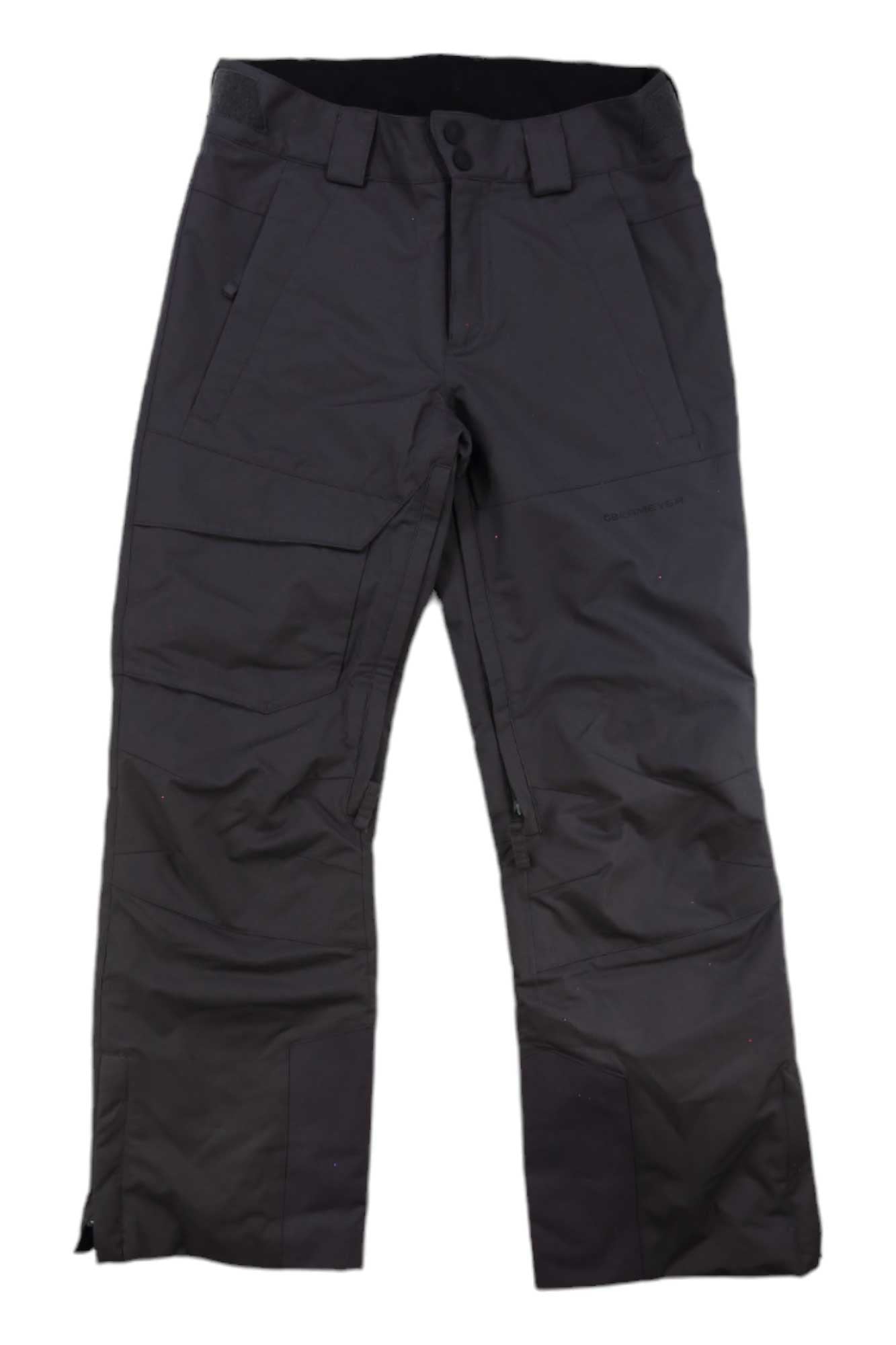 A pair of Obermeyer Men's Orion Pant in black, straight-leg cargo ski pants with multiple pockets, belt loops, and button closure is displayed flat on a white background.