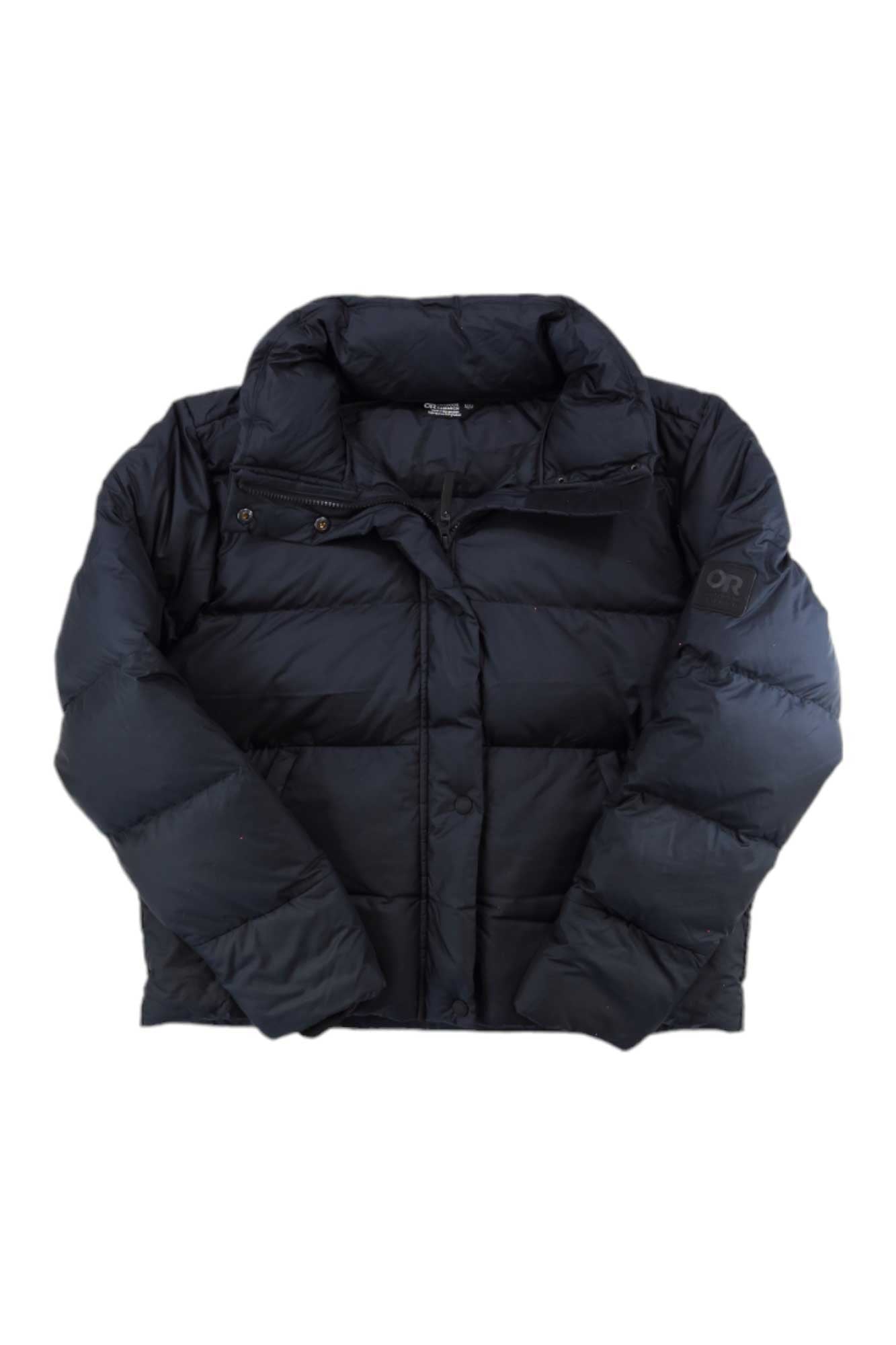 Women's insulated down jacket, dark navy with hood and full button front