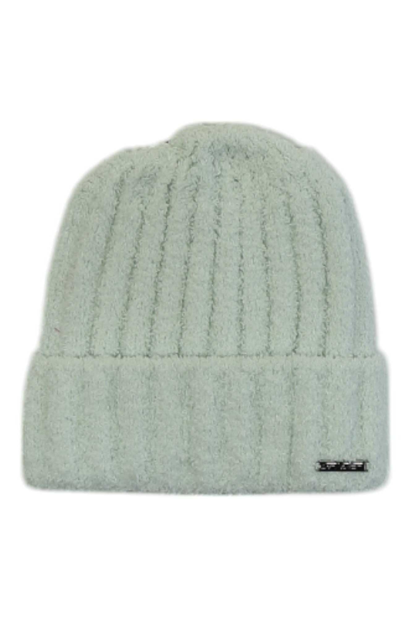 The Spyder Women's Cloud Knit Hat is a light green, ribbed beanie with a folded brim and small rectangular tag, crafted from soft, fuzzy recycled polyester for comfort and style.