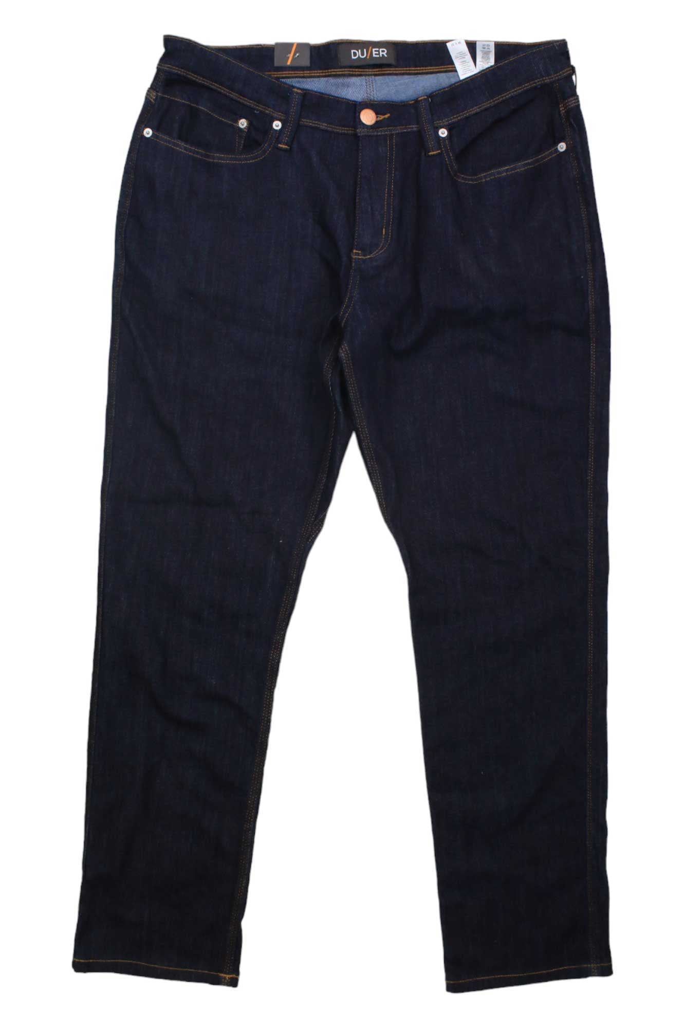 The DU/ER Men's Performance Denim Jean - Relaxed Taper in dark blue features a button closure, front and back pockets, and brown stitching, shown laid flat on a white background.