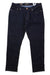 The DU/ER Men's Performance Denim Jean - Relaxed Taper in dark blue features a button closure, front and back pockets, and brown stitching, shown laid flat on a white background.