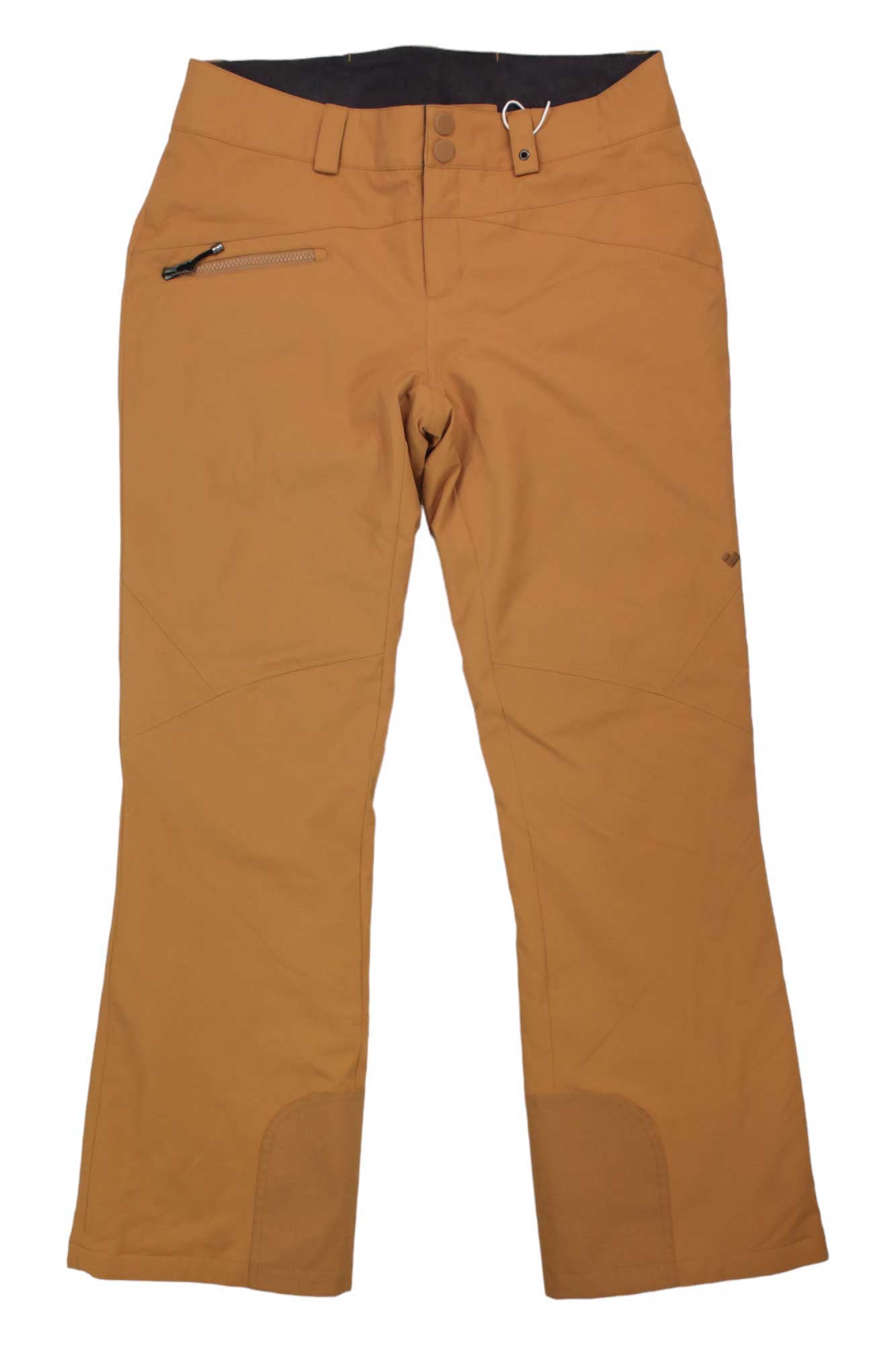 The Obermeyer Womens Malta Pant is a pair of light brown insulated outdoor pants featuring a zippered right pocket, two waistband buttons, reinforced cuffs, and waterproofing similar to women's ski pants.