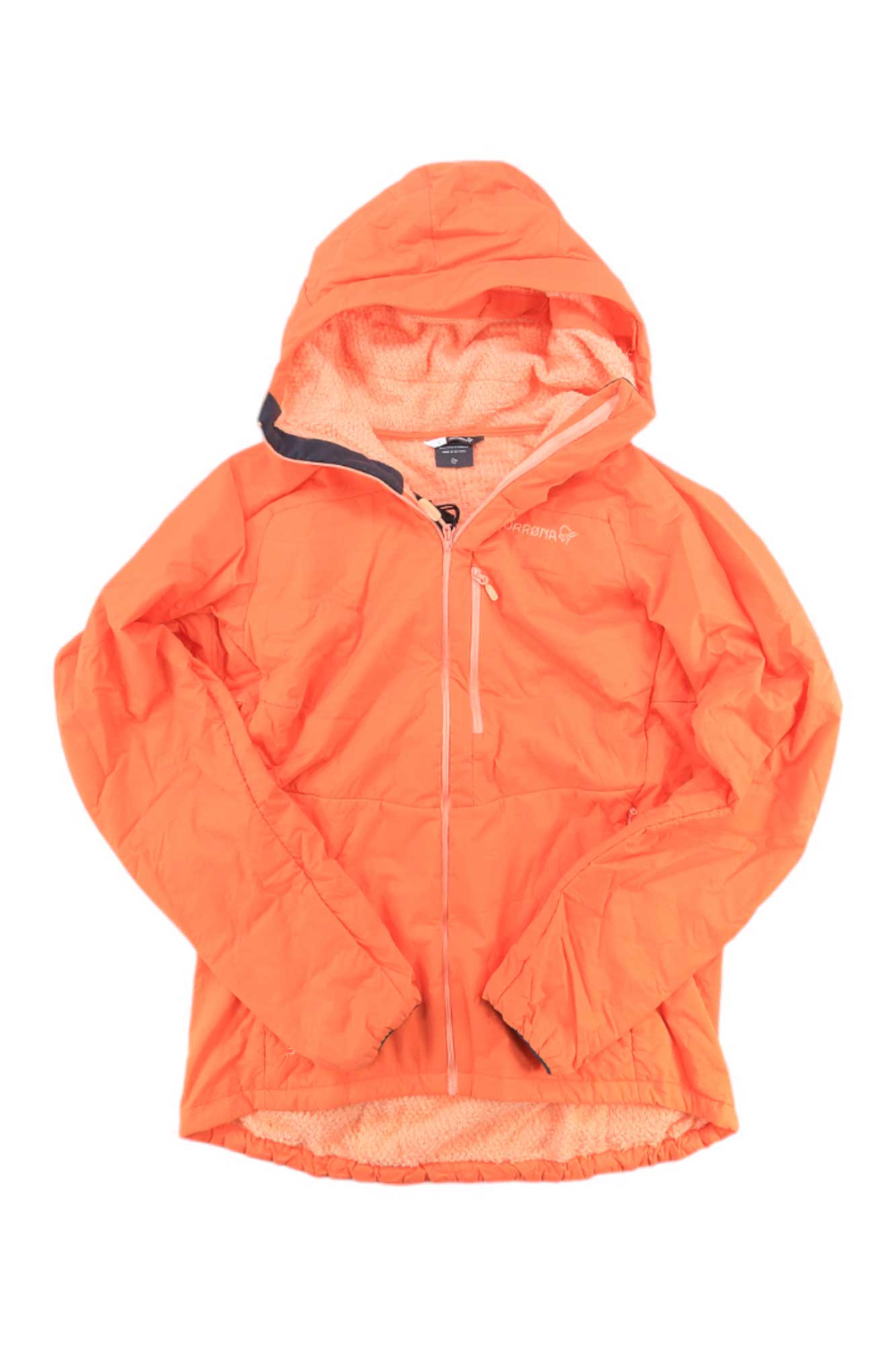 A Norrona Womens Lyngen Alpha100 Zip Hoodie in orange, featuring PrimaLoft insulation, a front zipper, zippered chest pocket, and long sleeves, is displayed flat on a white background.