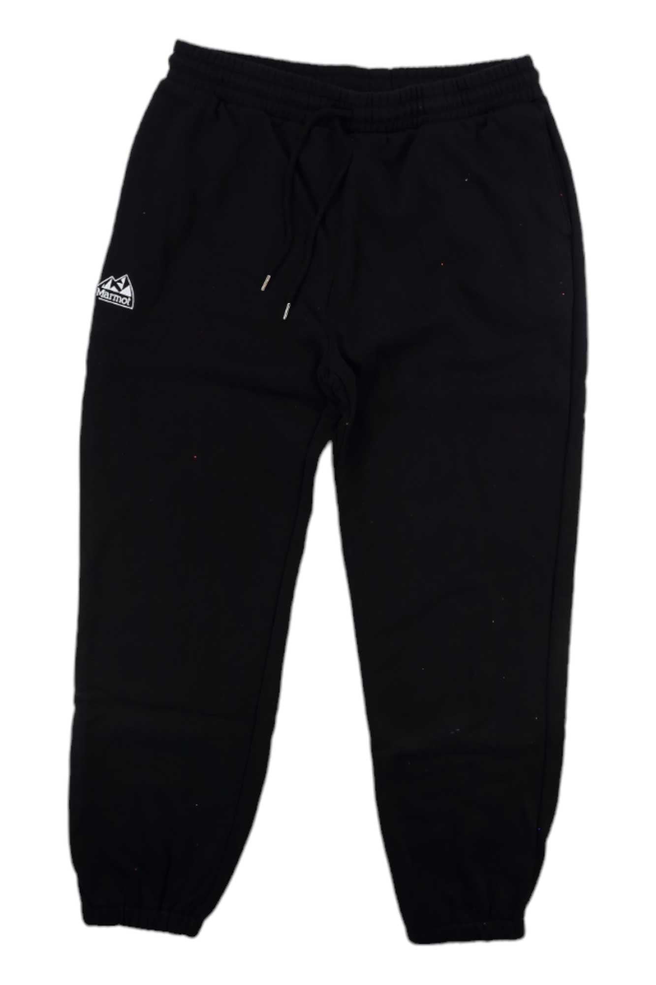 Women's black jogger pants featuring elastic waist, drawstring, and side logo; cuffed hems.