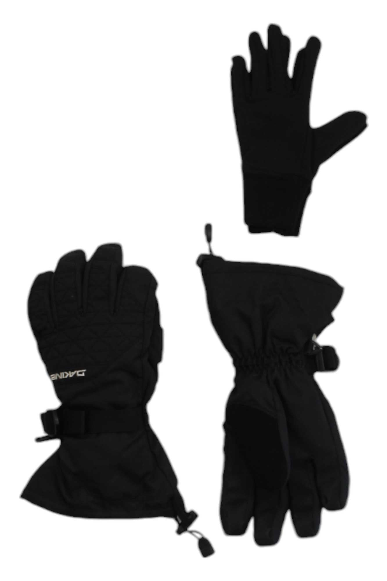 Three black gloves are shown on a white background: a lightweight touchscreen glove at the top and, below, a pair of Dakine Womens Camino insulated waterproof snowsports gloves with adjustable wrist straps and cords.