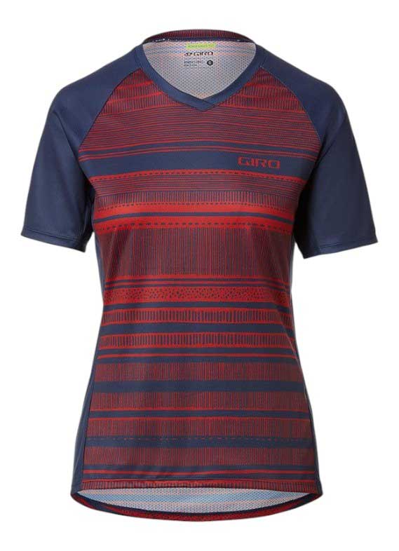 The Giro Womens Roust Jersey is a short-sleeved cycling top for women with navy blue and red stripes, a V-neck, and the Giro logo on the upper left chest—perfect for trail riding.