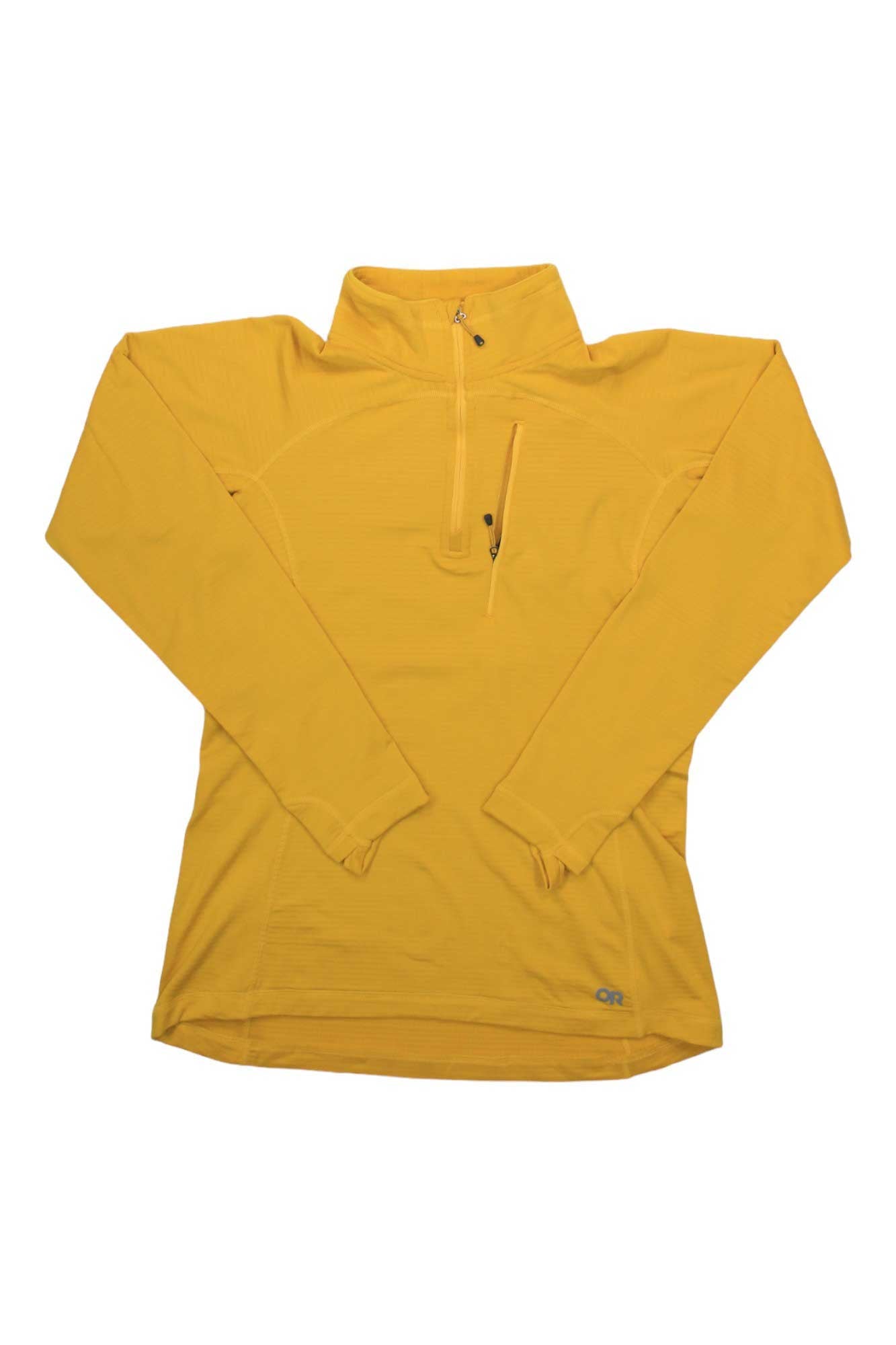 Women's yellow quarter-zip jacket with hood, long sleeves, front zipper