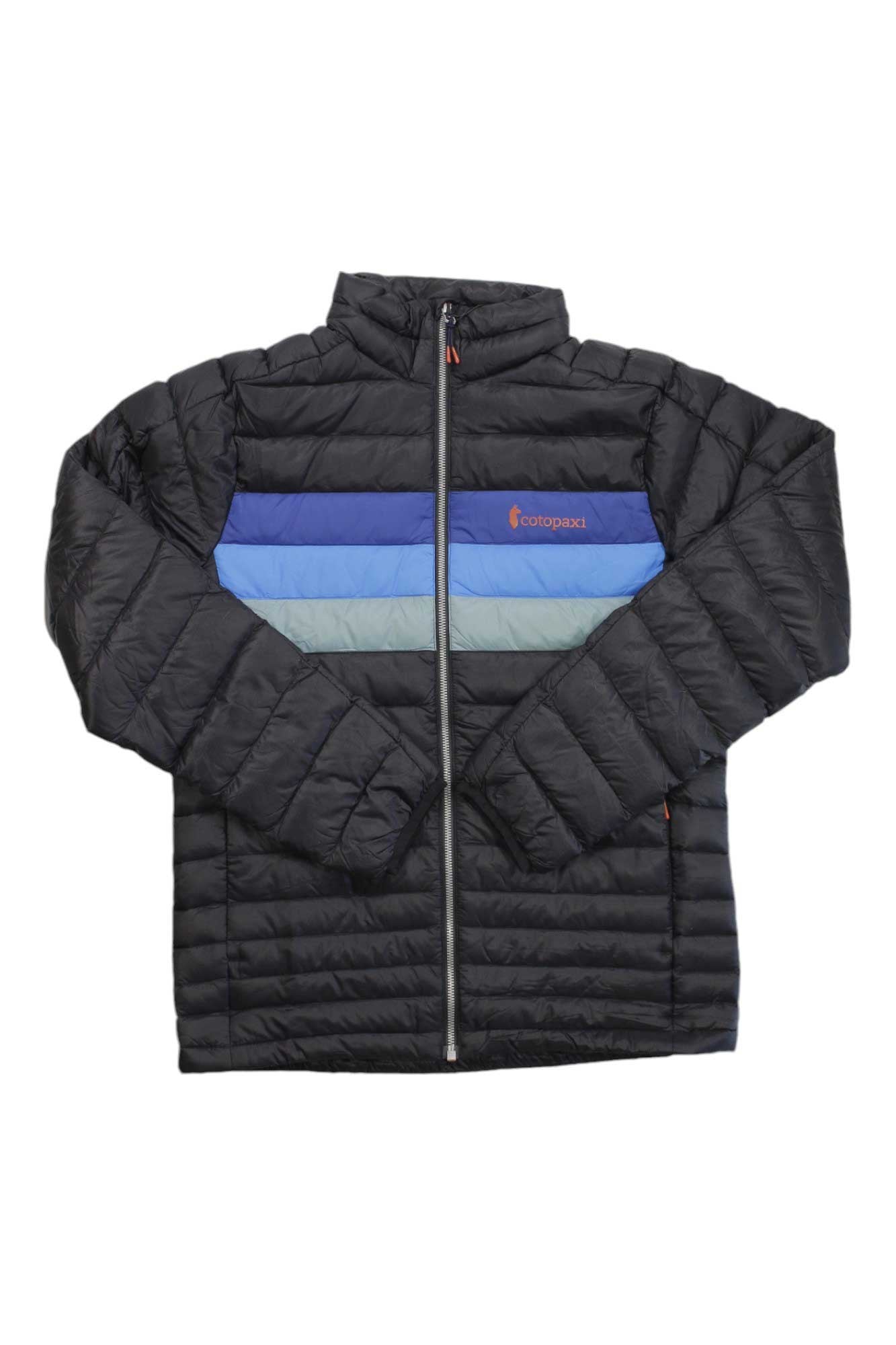 The Cotopaxi Mens Fuego Down Jacket is a black puffer with horizontal blue and light blue chest stripes, a front zipper, and the Cotopaxi logo on the left side.