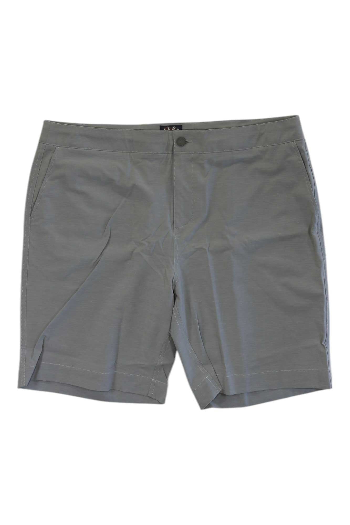 The Faherty Men's All Day Short in gray is made from eco-friendly fabric, features a button closure, front pockets, and subtle horizontal creases. Shown laid flat on a white background.
