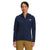 A woman faces forward wearing The North Face Womens Canyonlands Hoodie in navy blue with the logo on the chest, paired with mustard-colored pants. The background is plain white.