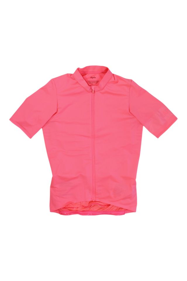 The Mens Pro Team Midweight Short Sleeve Jersey in bright pink, designed for men with a fitted cut and front zipper, is displayed flat on a white background.