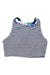The Carve Designs Womens Sanitas Reversible Top is a sleeveless, cropped swim top with black and white stripes, a high neckline, and a blue-pink floral inner. Ideal for women's swim and surf, it offers UPF 50+ protection.