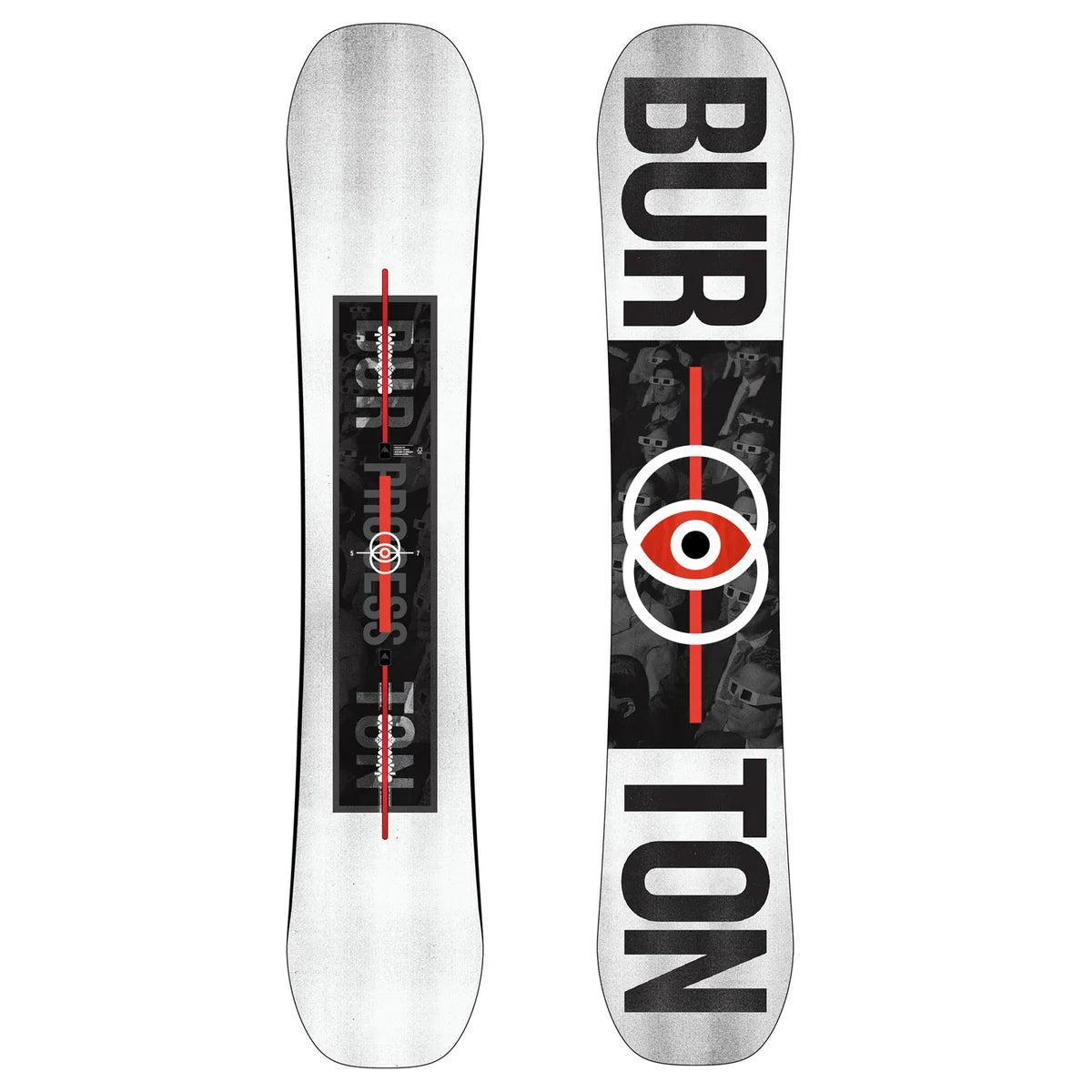 Burton Process snowboard with light gray topsheet, black graphics, and large Burton lettering