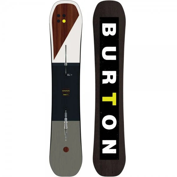 Burton Custom Flying V snowboard with woodgrain, white, charcoal and gray graphics; black base with white logo.