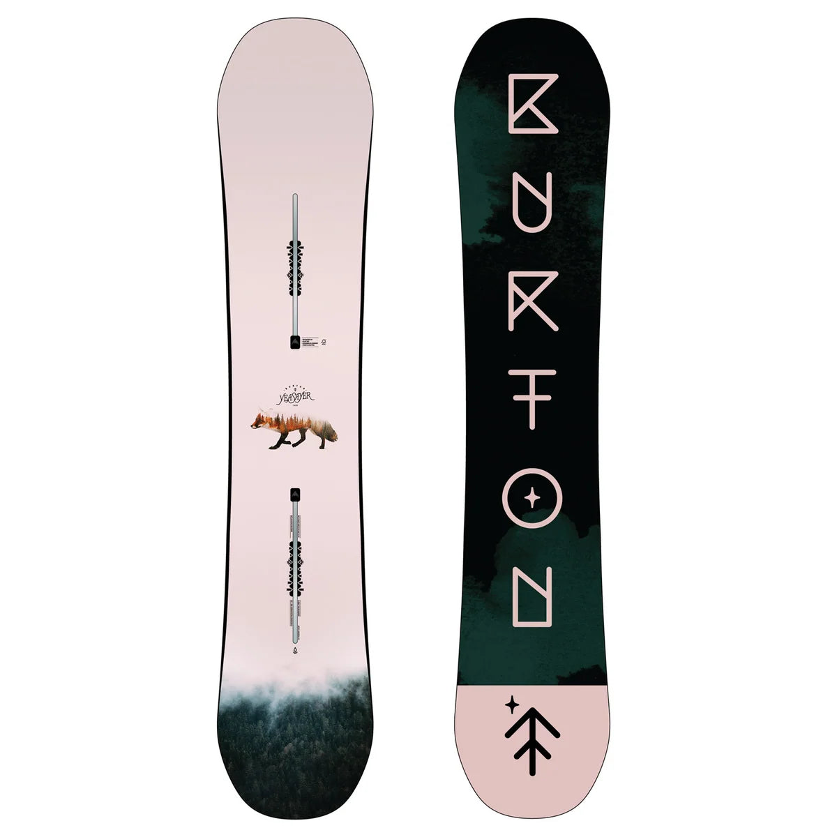Burton Yeasayer women's snowboard with pale pink and dark teal sides and graphic topsheets