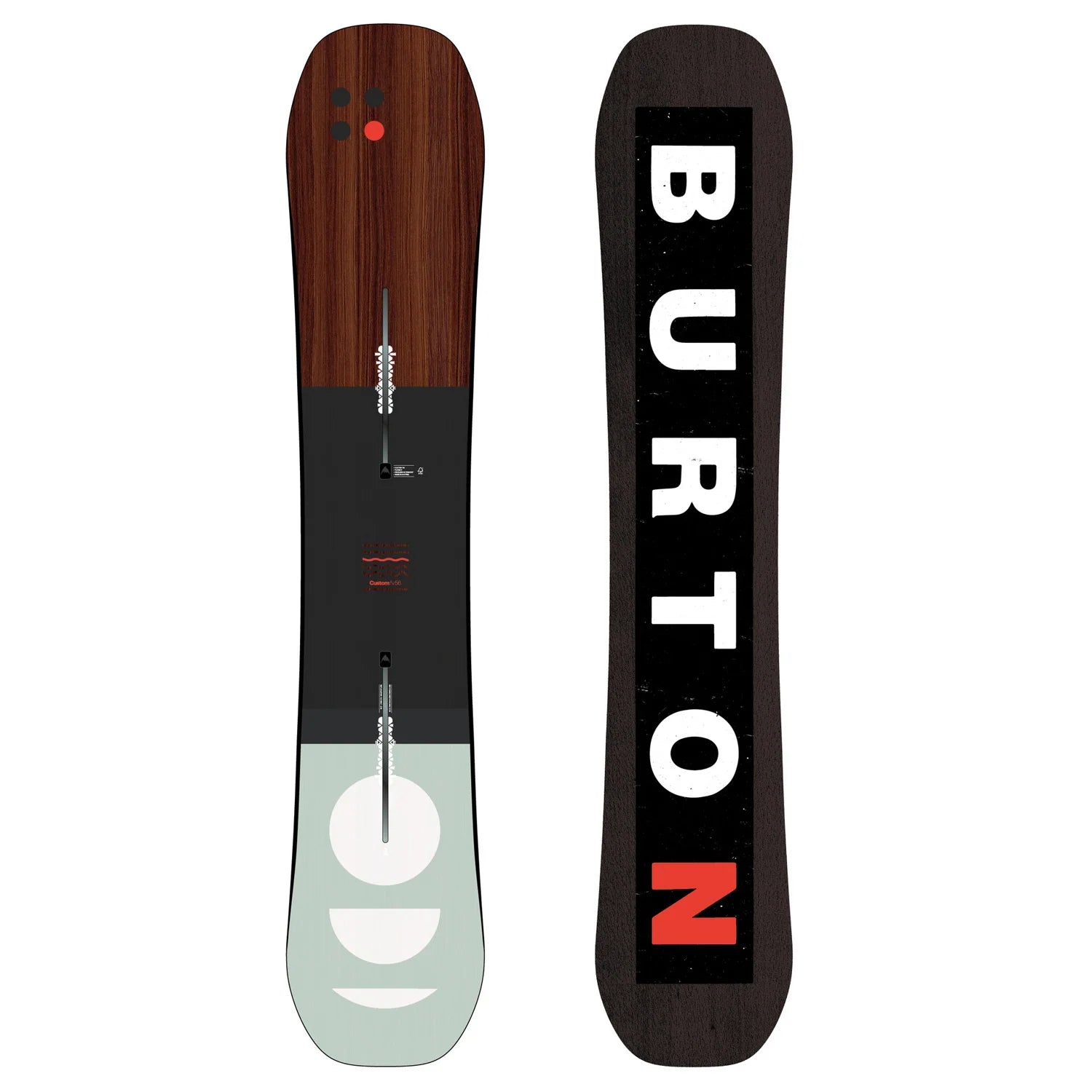 Burton Custom Flying V snowboard with woodgrain, black and pale green graphics; black base with white and red logo.