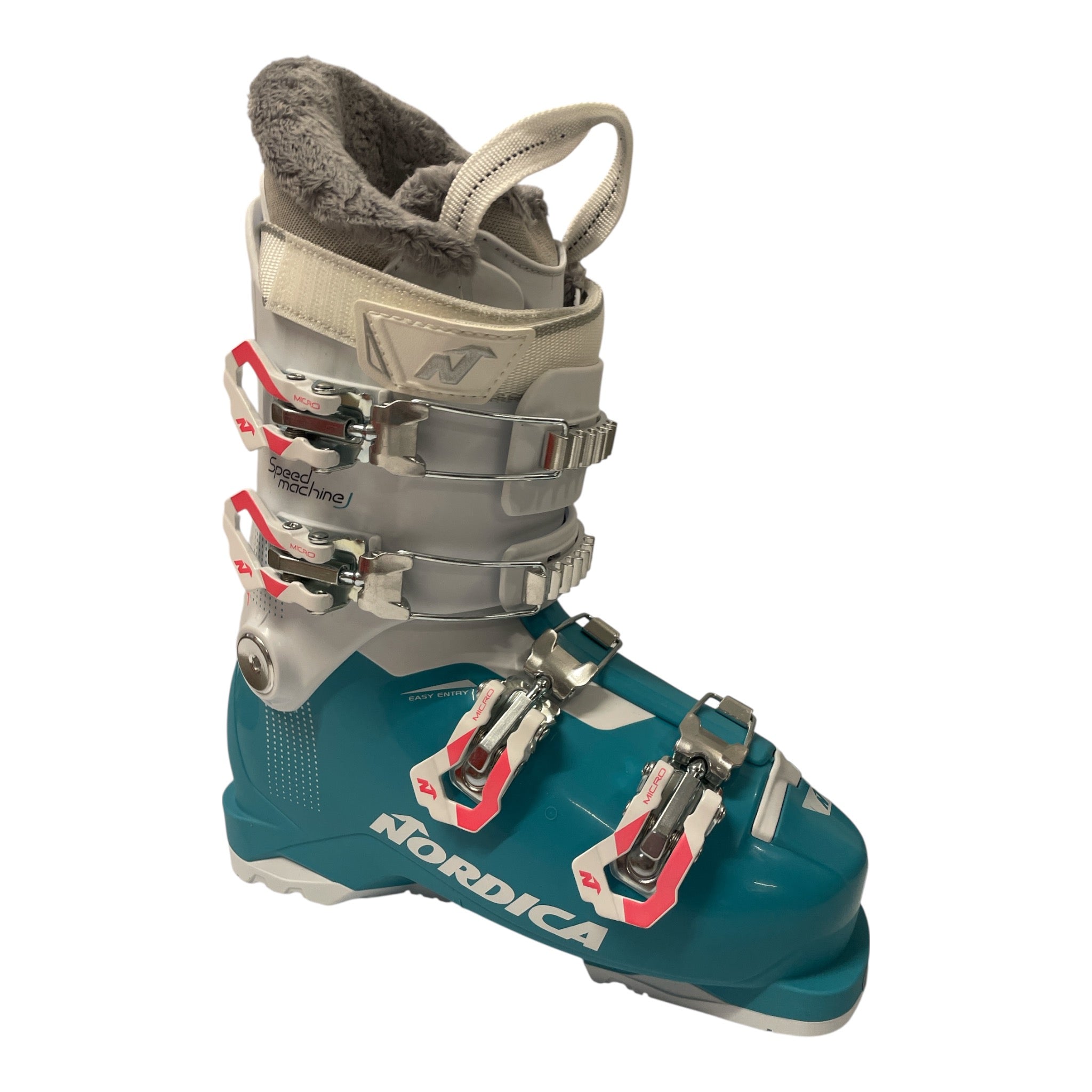The Nordica Girl's Speedmachine J4 Ski boots in teal and gray feature four silver adjustable buckles, red accents, a padded gray liner, and the Nordica logo on the side, displayed against a white background.