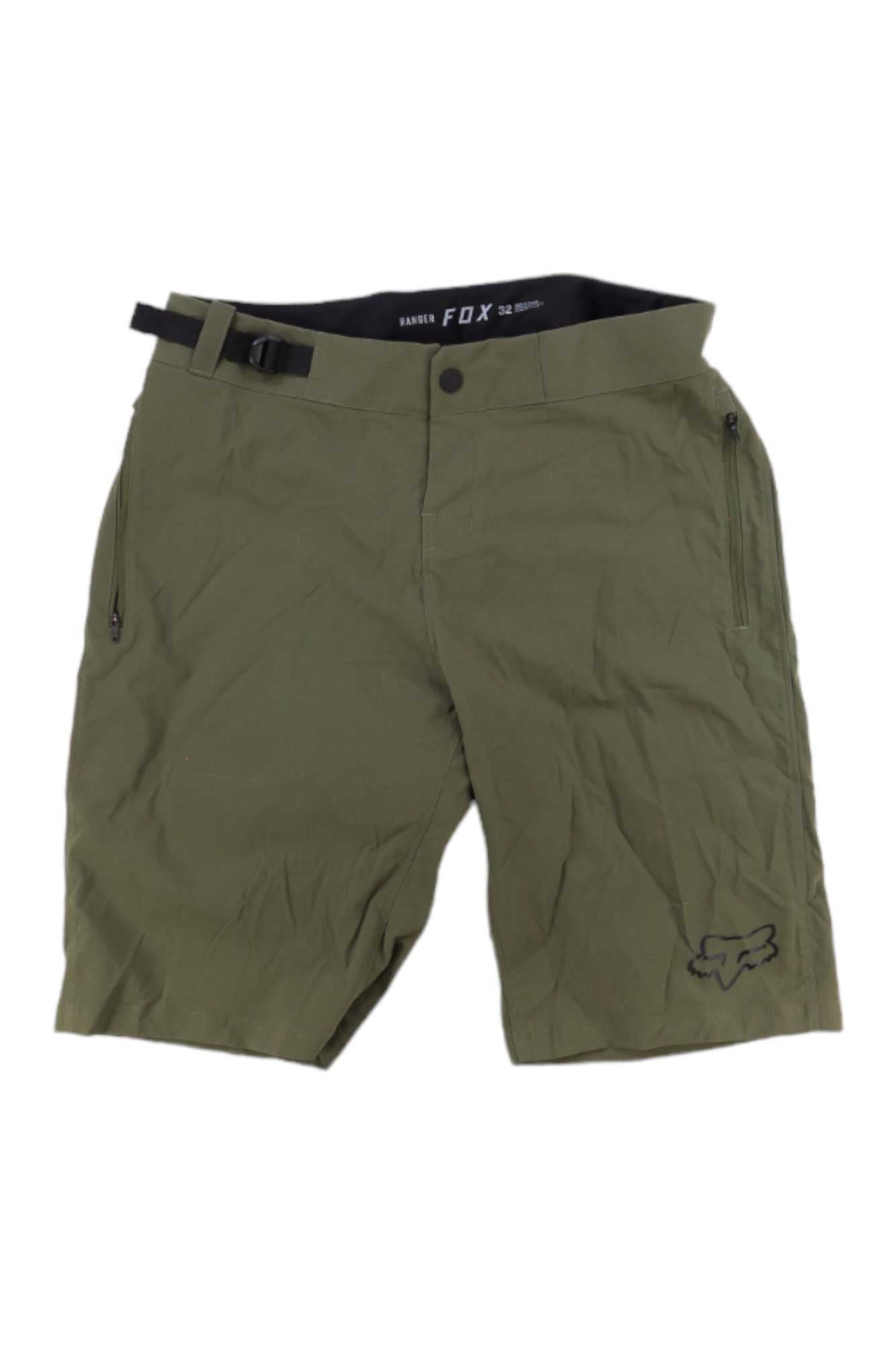 Olive green ranger shorts with liner, belt loops, button front, Fox logo on lower leg