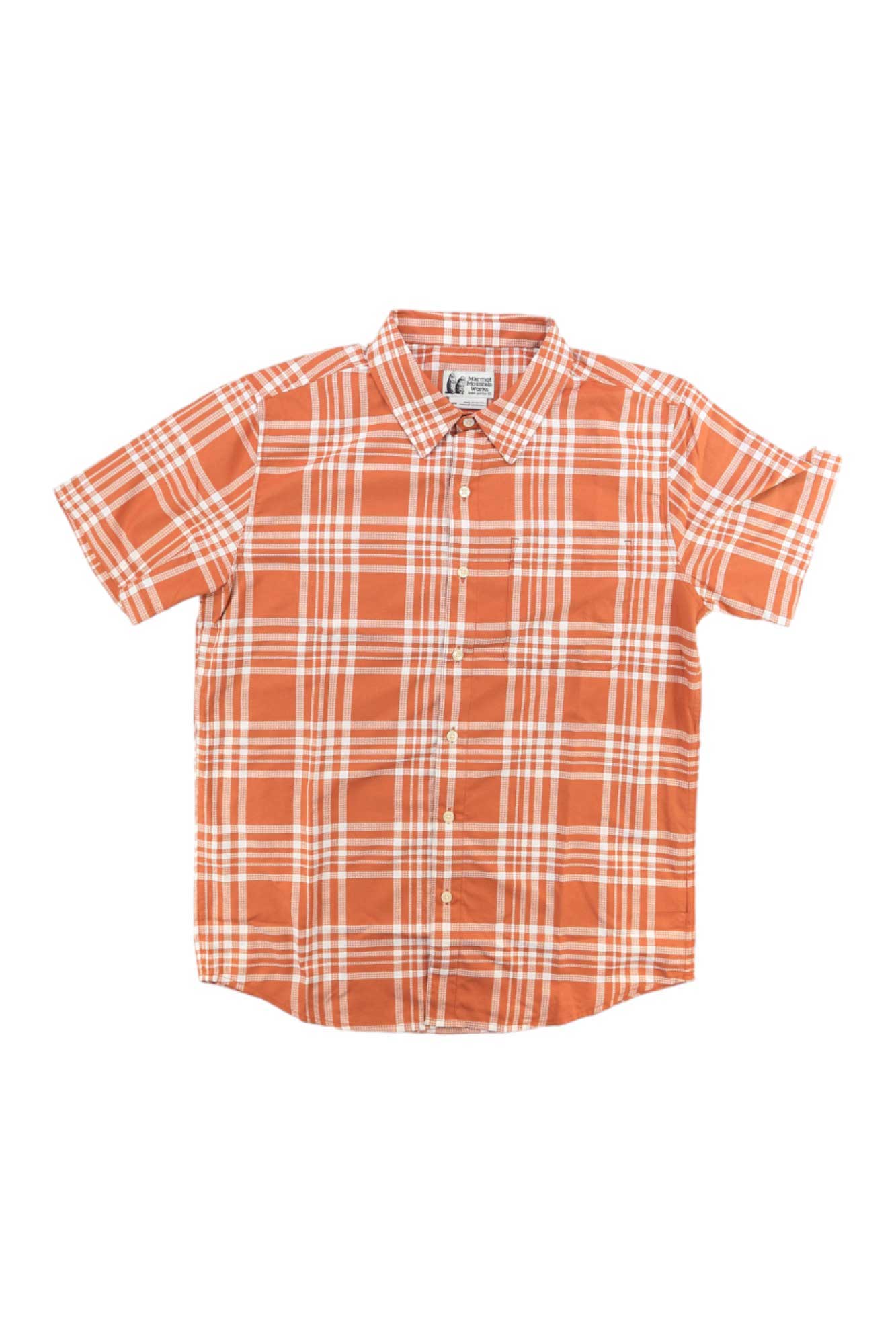 The Marmot Men's Aerobora Novelty SS Shirt is a lightweight, short-sleeve, button-up orange shirt with a white plaid pattern, featuring a collar and front chest pocket.