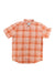 The Marmot Men's Aerobora Novelty SS Shirt is a lightweight, short-sleeve, button-up orange shirt with a white plaid pattern, featuring a collar and front chest pocket.