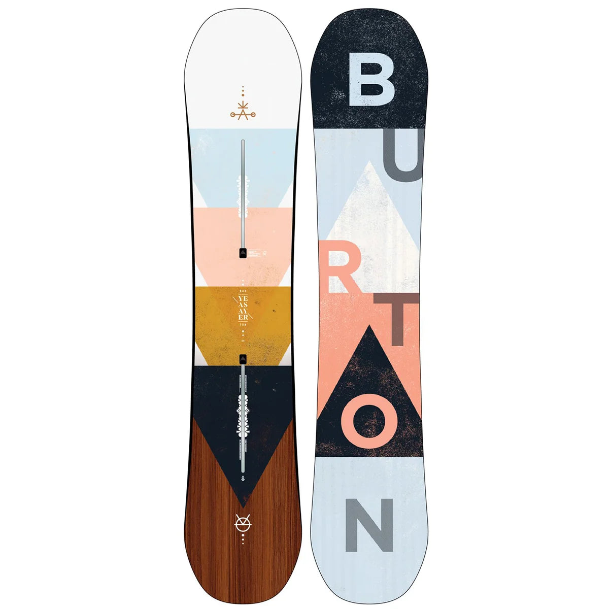 Burton Yeasayer women's snowboard with geometric graphics and woodgrain sections