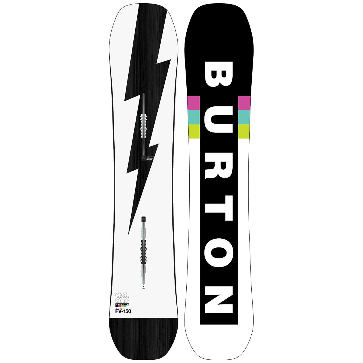Burton Custom Flying V snowboard with black and white graphics, shown top and base