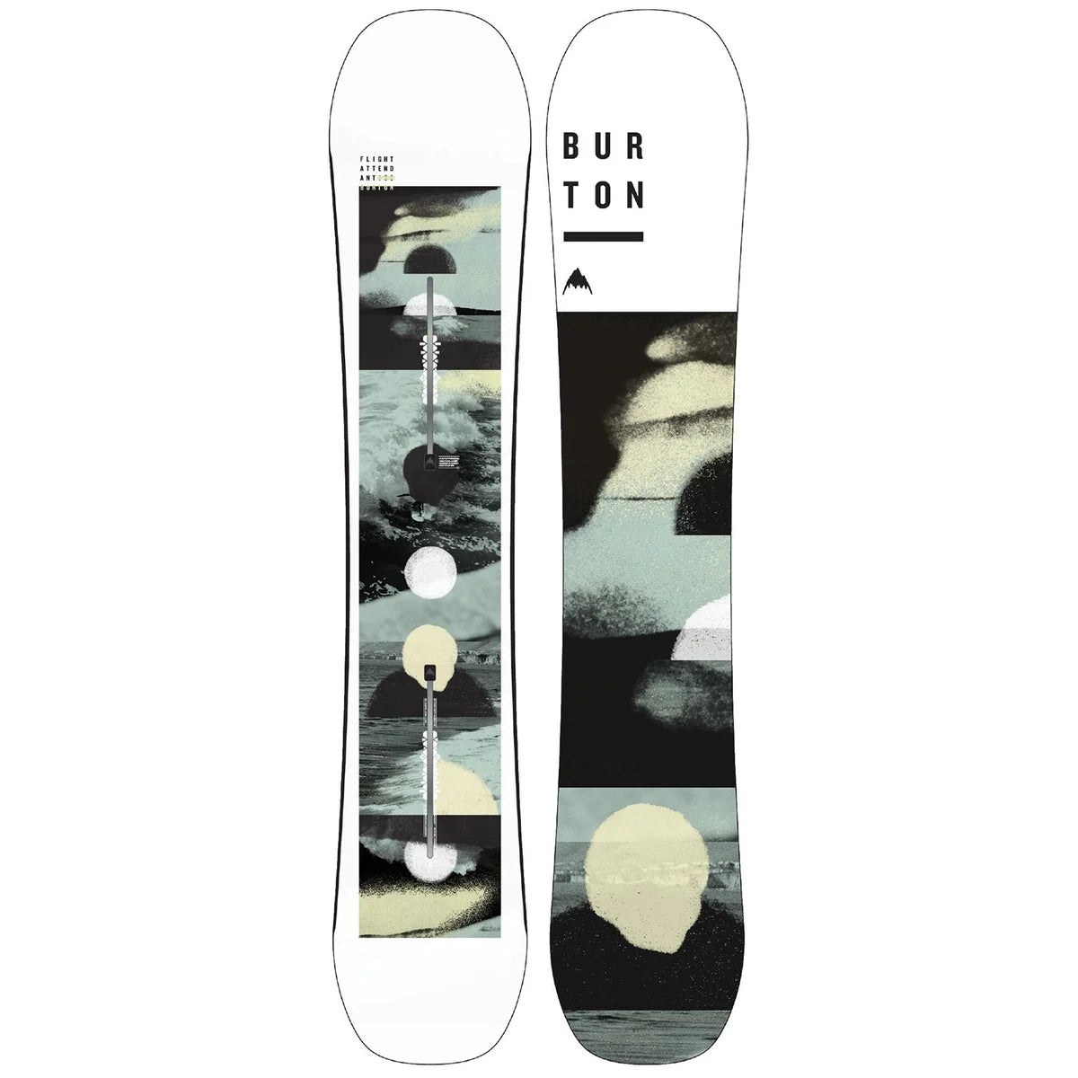 Burton Flight Attendant snowboard with white tips and black, gray, and pale green graphic panels
