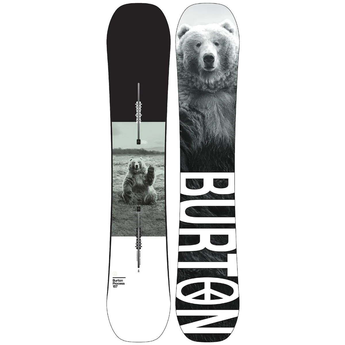 Burton Process snowboard with black-and-white bear graphics and large Burton lettering