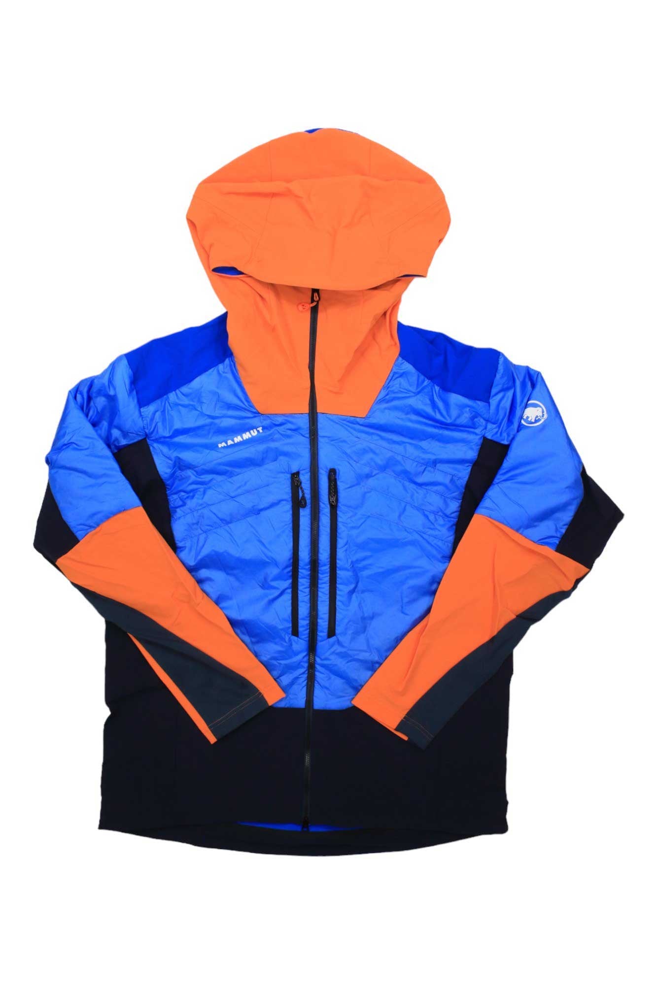Men's color-block hooded hybrid jacket with orange, blue, and black panels, full zip