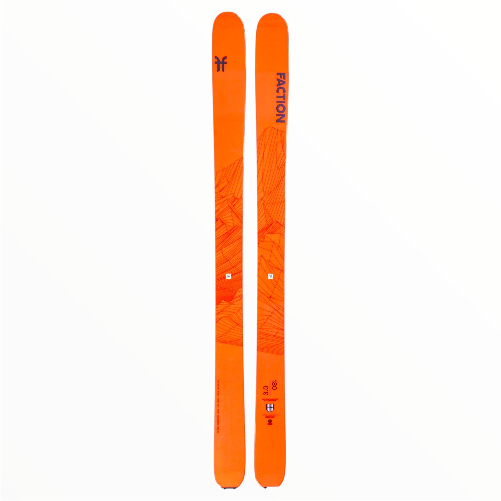 A pair of bright orange Faction Agent 3.0 Skis - 2021, featuring subtle abstract line patterns, are displayed side by side on a white background, with the Faction logo near the tip—ideal for backcountry touring.