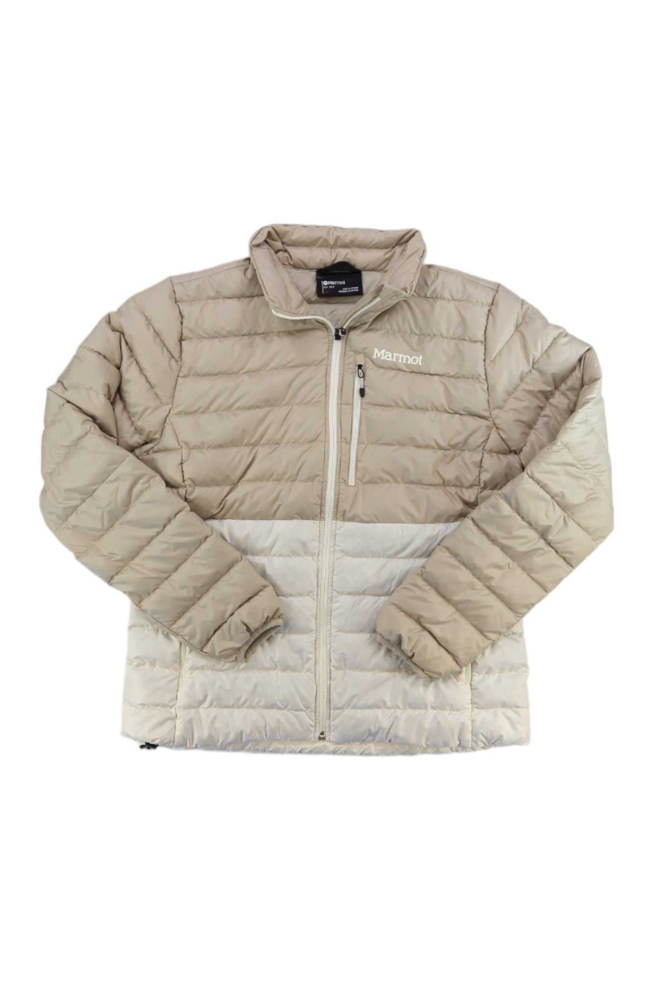 A beige and light gray Marmot Womens Highlander Down Jacket with front zipper, stand-up collar, and zippered chest pocket, shown laid flat on a white background.