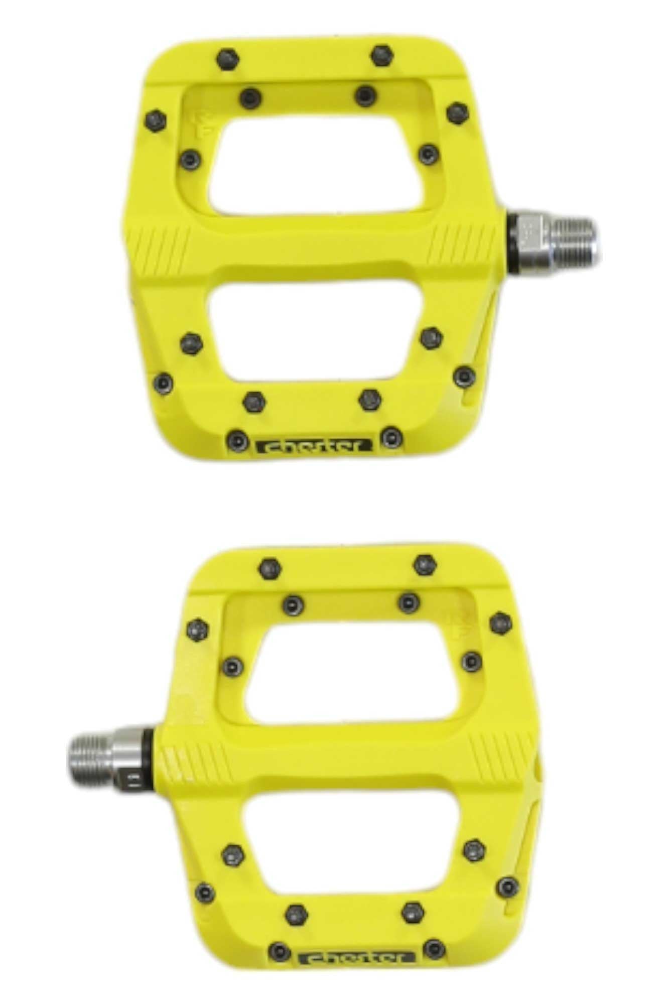 Yellow platform bike pedals with metal threaded axle and grip pins