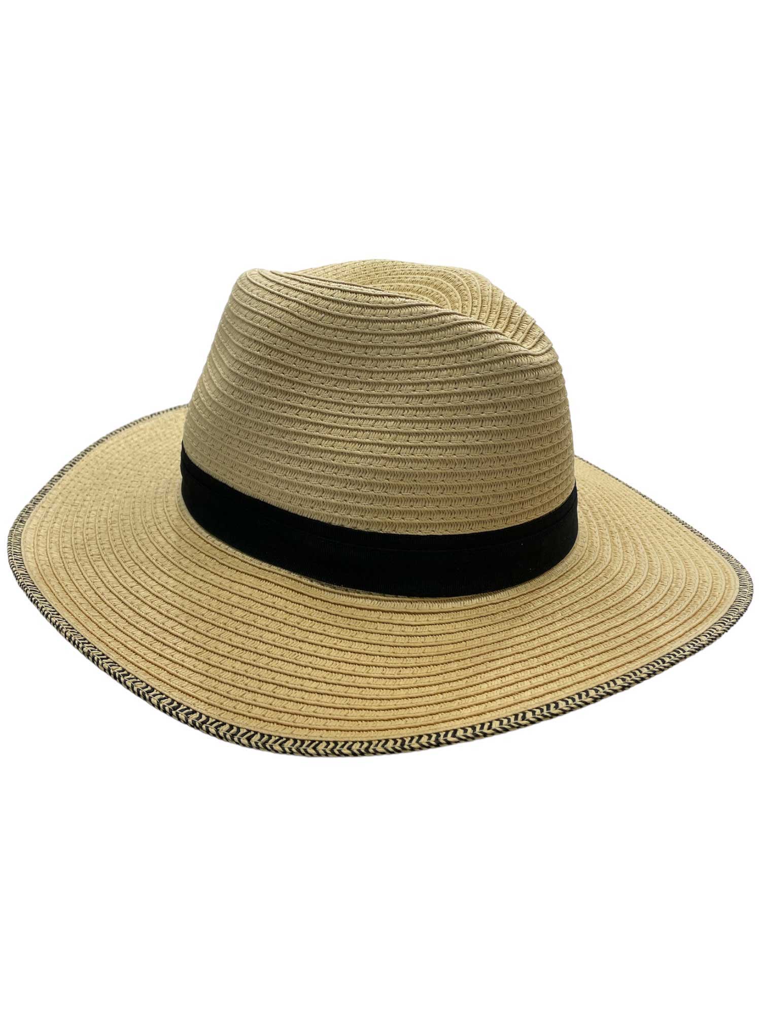 The Coal Wimbledon Hat is a beige straw sun hat with a wide brim, black crown band, and dark trim—an elegant women’s summer accessory ideal for sunny days.