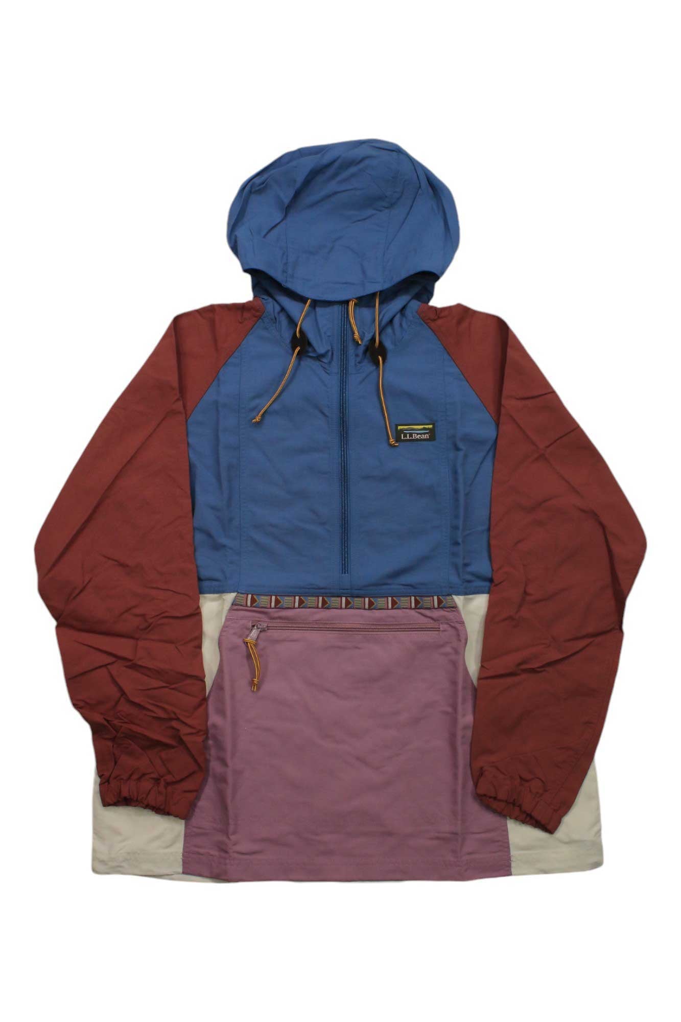 Women's colorblock anorak with hood, front zip, blue shell, rust sleeves, purple hem