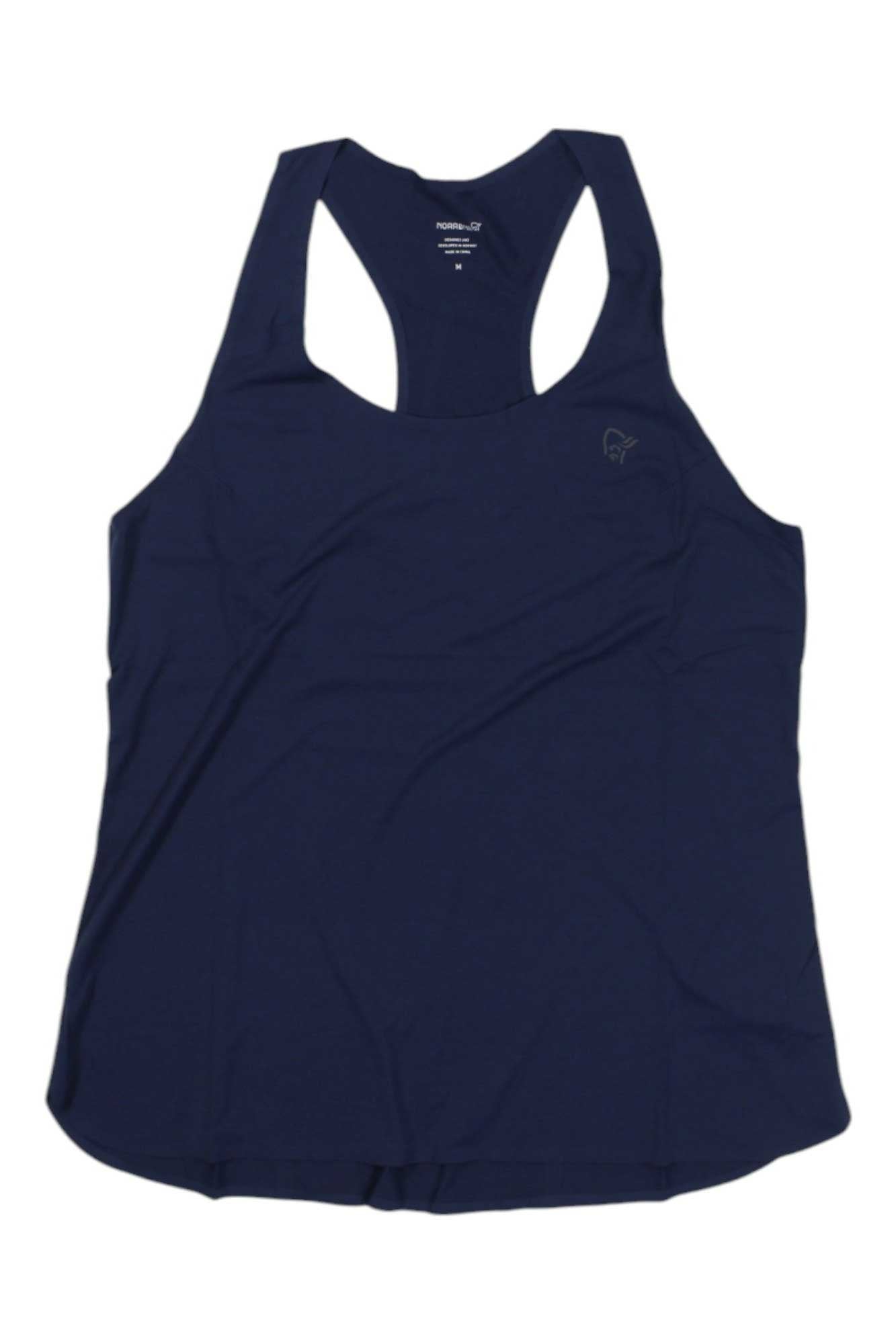 A Norrona Womens Singlet in navy blue lies flat on a white background, highlighting its racerback and sleeveless style—a breathable and comfy activewear top perfect for women outdoors.