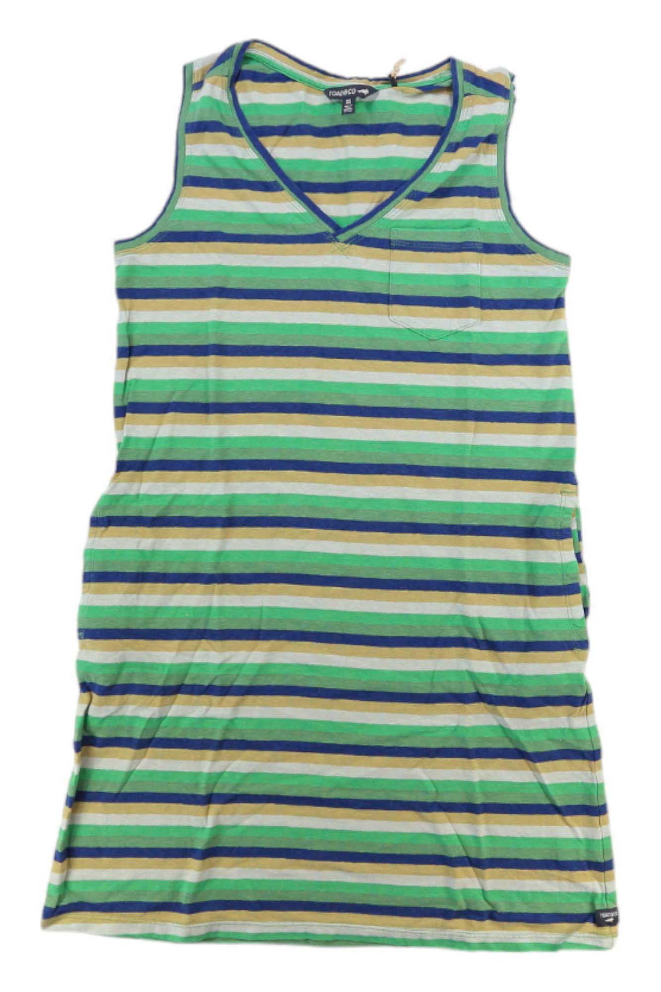 The Toad & Co Womens Grom Tank Dress is a sleeveless travel dress featuring green, blue, and gray horizontal stripes, a V-neckline, and a left chest pocket. Made from soft fabric for casual comfort on any journey.