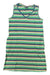 The Toad & Co Womens Grom Tank Dress is a sleeveless travel dress featuring green, blue, and gray horizontal stripes, a V-neckline, and a left chest pocket. Made from soft fabric for casual comfort on any journey.