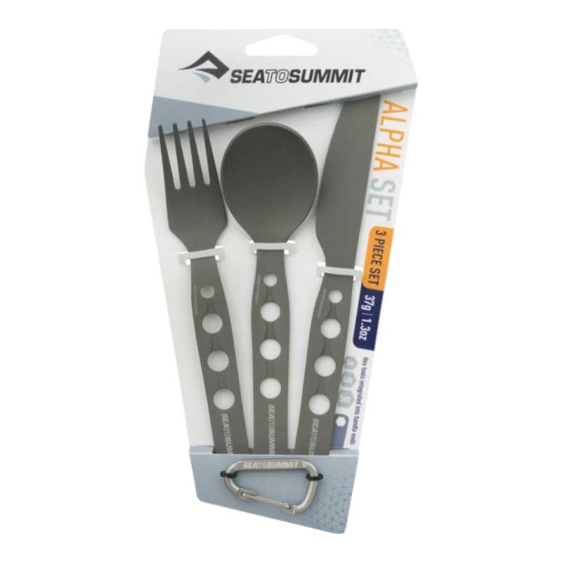Sea to Summit Alpha travel utensil set with fork, knife, spoon, in retail package