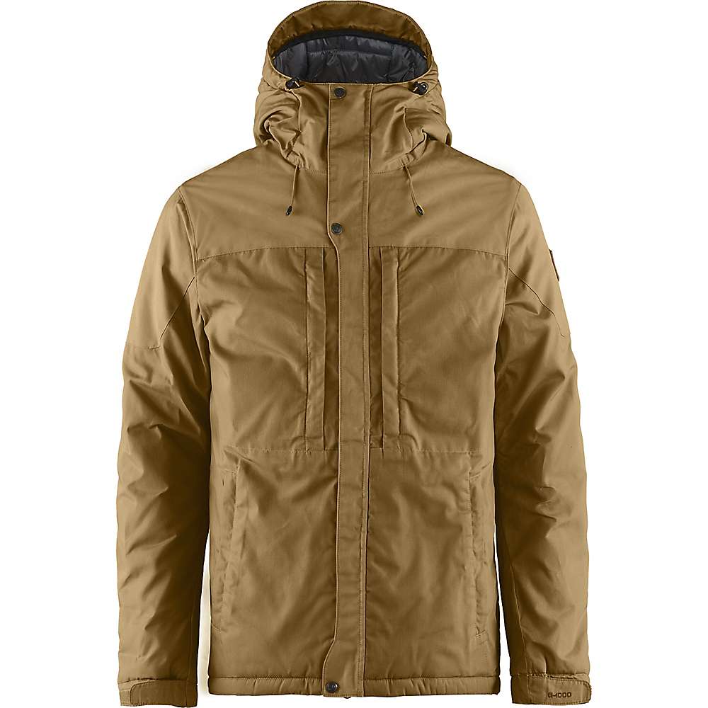 The Skogso Padded Insulated Jacket is a tan outdoor jacket with a hood, front zipper, G-1000 Eco fabric, two chest and two lower pockets, and adjustable drawstrings. Its sleek design keeps you warm in cold weather.