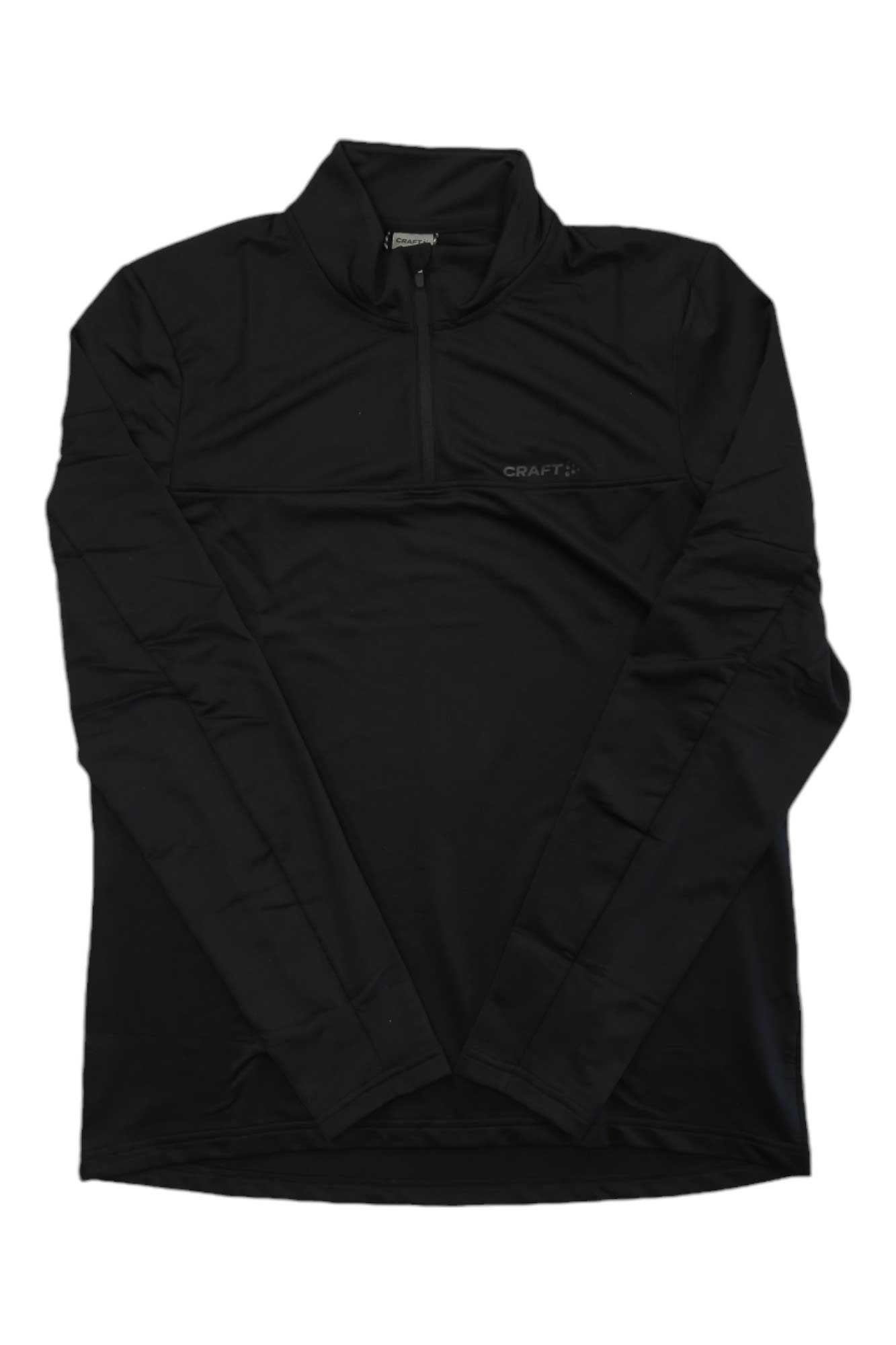 The Craft Sportswear Mens Core Gain Midlayer Top is a black, long-sleeved men's athletic top featuring a quarter-zip front and small left chest logo, shown laid flat on a white background.