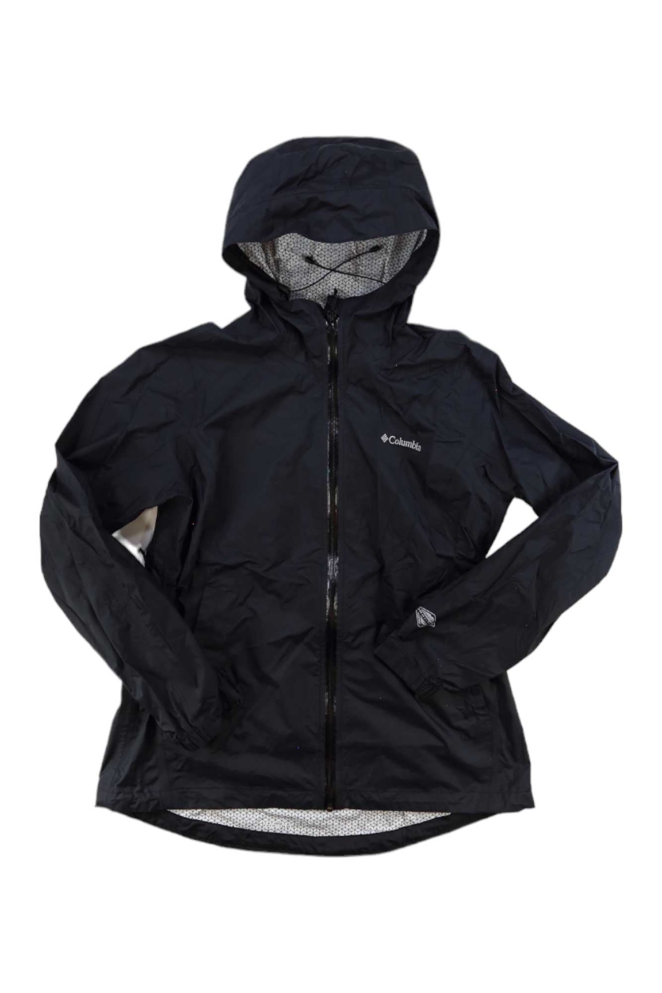 A black Columbia EvaPOURation Jacket for women with a front zipper, long sleeves, and a light-gray patterned lining is laid flat on a white background. This breathable rain jacket is both stylish and practical.