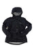 A black Columbia EvaPOURation Jacket for women with a front zipper, long sleeves, and a light-gray patterned lining is laid flat on a white background. This breathable rain jacket is both stylish and practical.