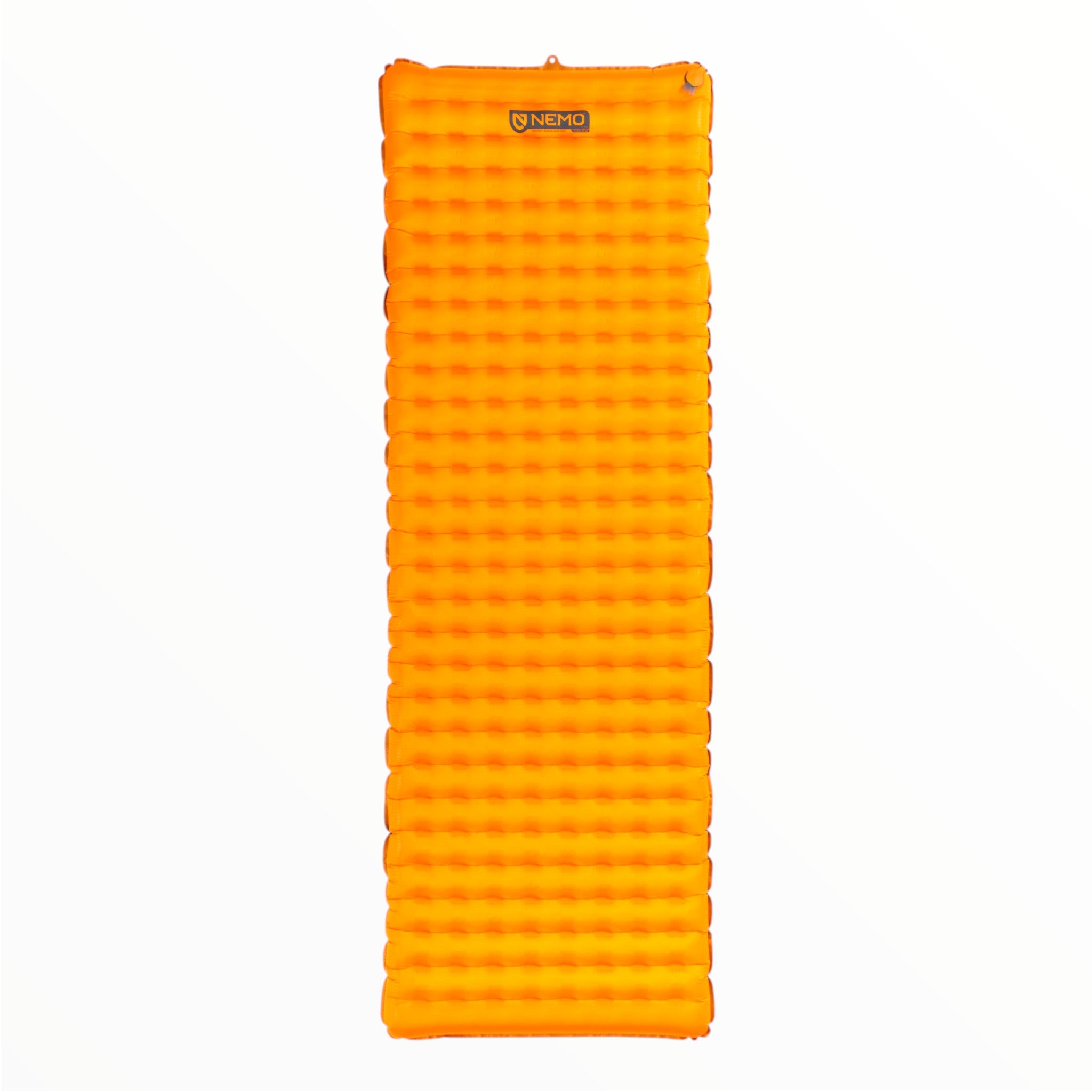 The NEMO Tensor Alpine Sleeping Pad, orange and rectangular with a textured, bumpy surface and logo at the top, is shown against a plain white background. Designed for mountaineering and cold weather use.