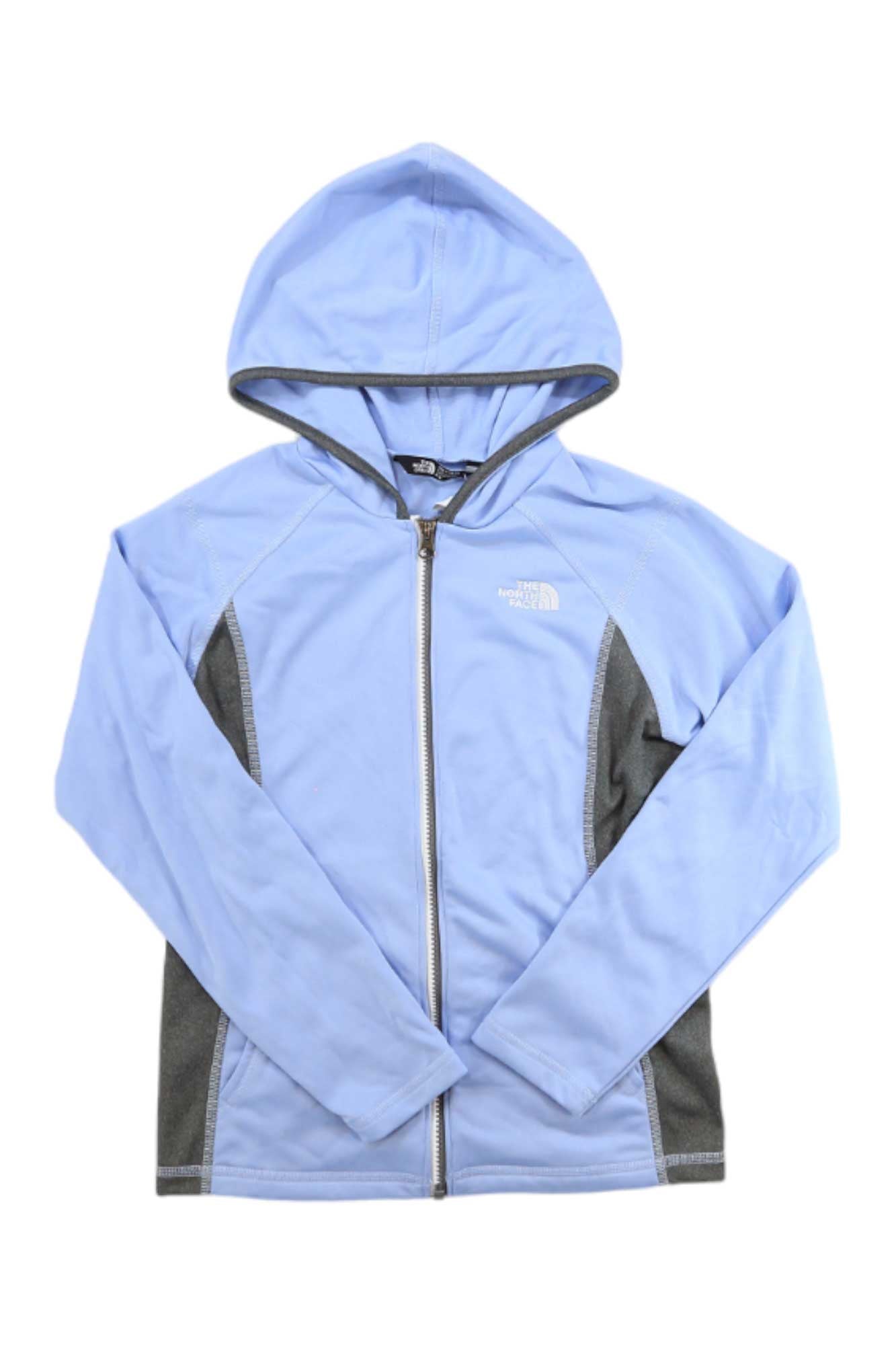 The North Face Girls Tech Glacier Full Zip Hoodie is a light blue fleece jacket with gray side panels, long sleeves, a hood, and a white logo on the left chest.