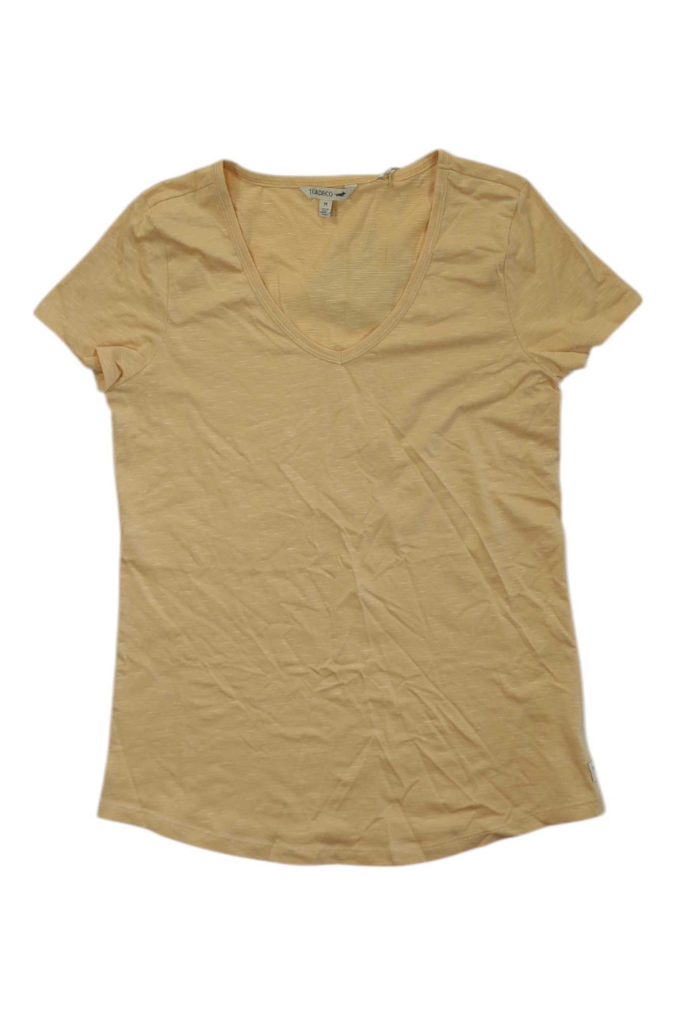 The Toad & Co Womens Marley II SS Tee is a light yellow, short-sleeve v-neck crafted from soft organic cotton, shown laid flat on a white background.