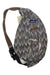The KAVU Rope Sack, shown in brown and gray with a zigzag chevron pattern, features an adjustable rope strap and zippered pockets—ideal as a stylish travel sling pack on a white background.