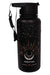 The United By Blue 32oz Insulated Steel Bottle is black with a strap, featuring celestial designs—stars, crescent moon, and radiating lines—with "UNITED BY BLUE" printed near the bottom. Ideal for camping.