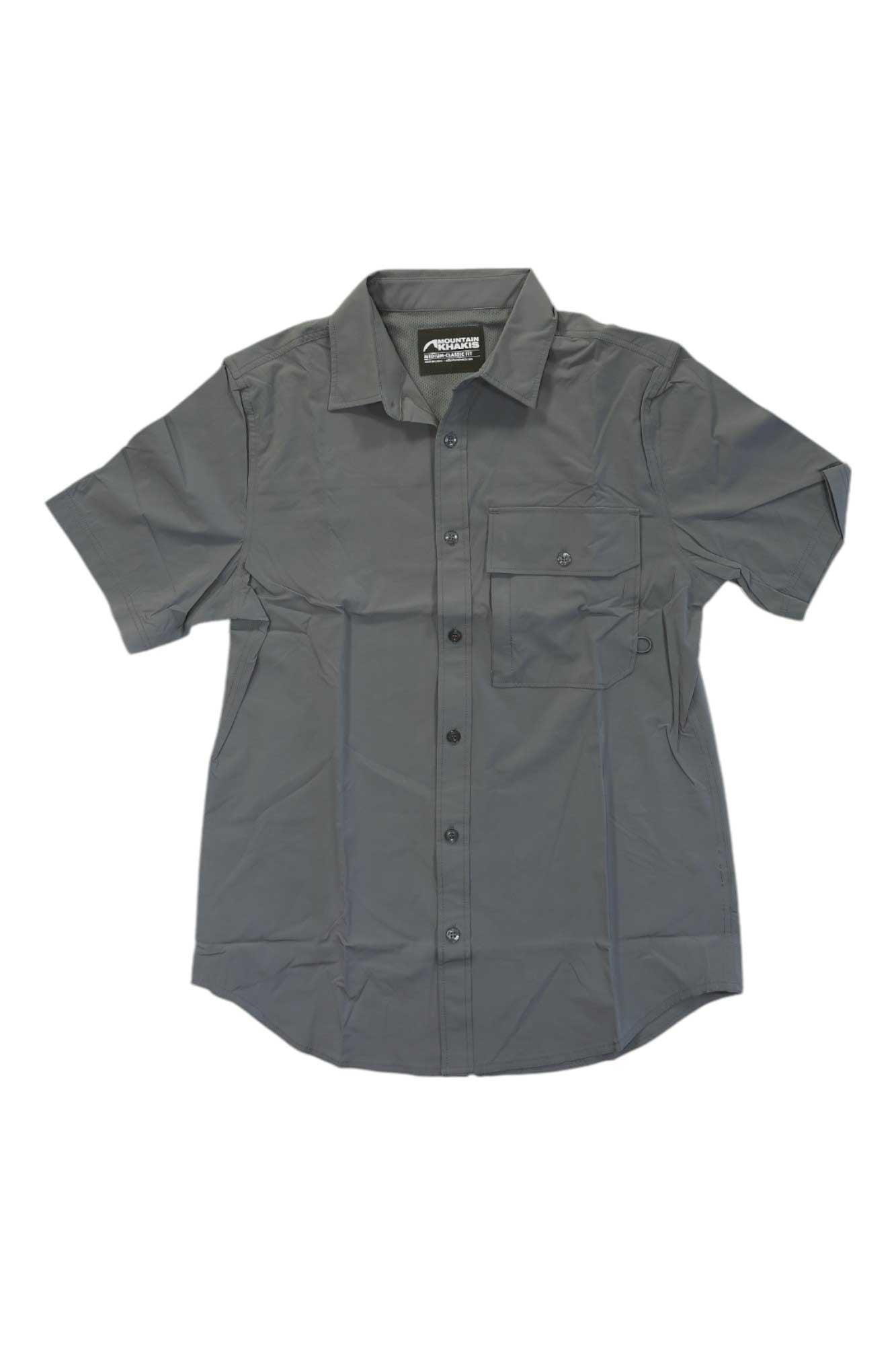 Gunmetal men's short-sleeve woven button-up shirt with chest pockets