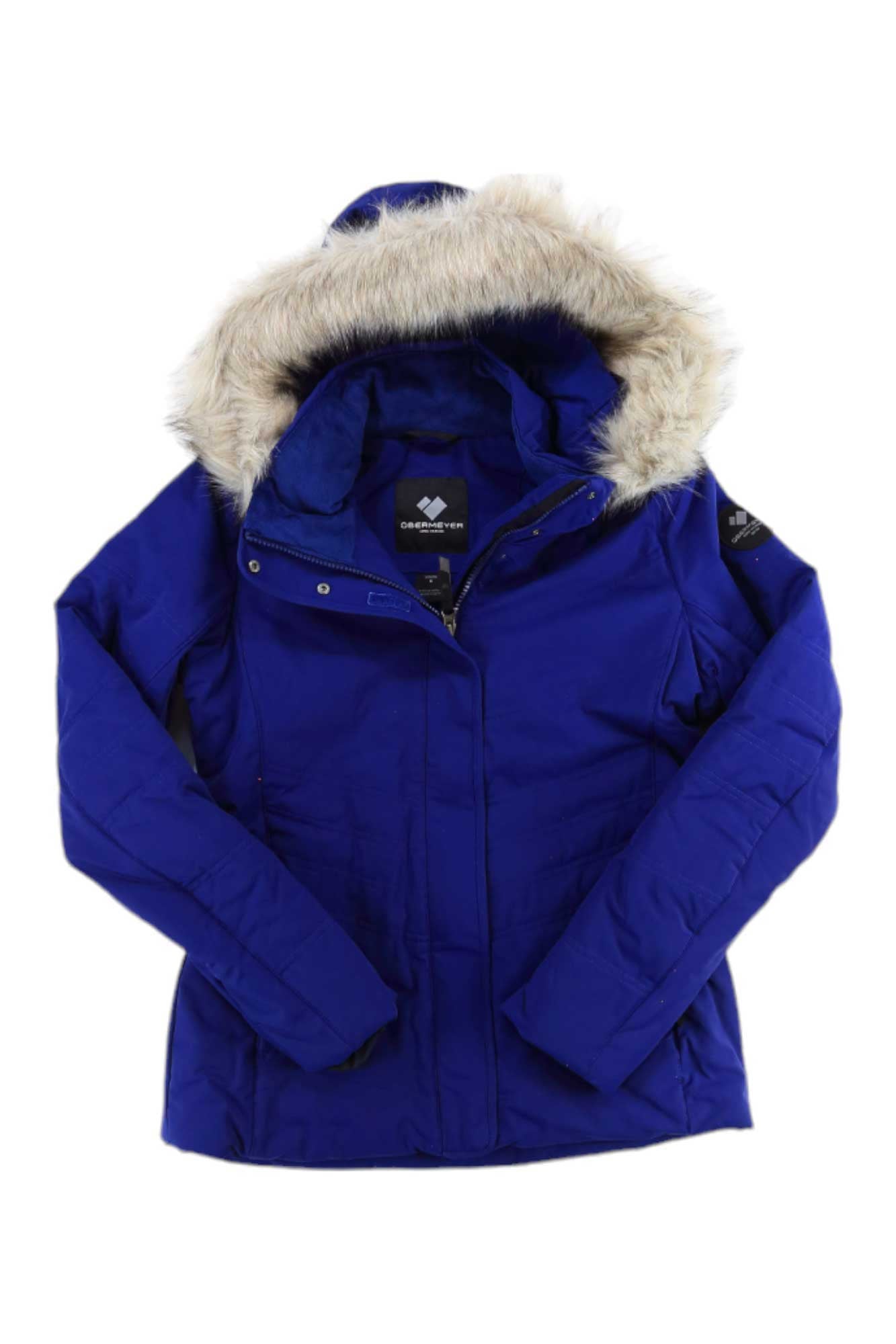 Women's insulated ski jacket, royal blue with cream faux-fur hood and front zipper.